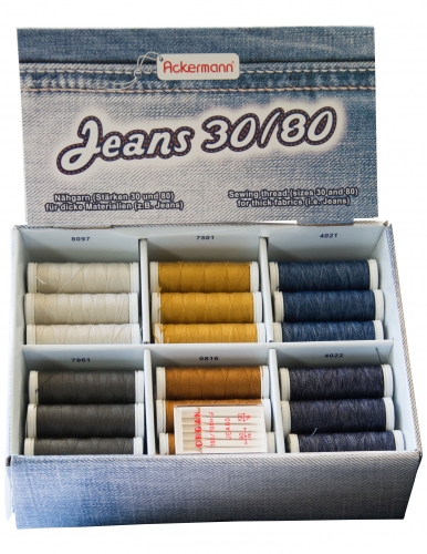 ACKERMANN&reg; N�hfaden-Set JEANS (30/80) mit 36x Rollen N�hgarn und 5x Organ JEANS - N�hnadeln